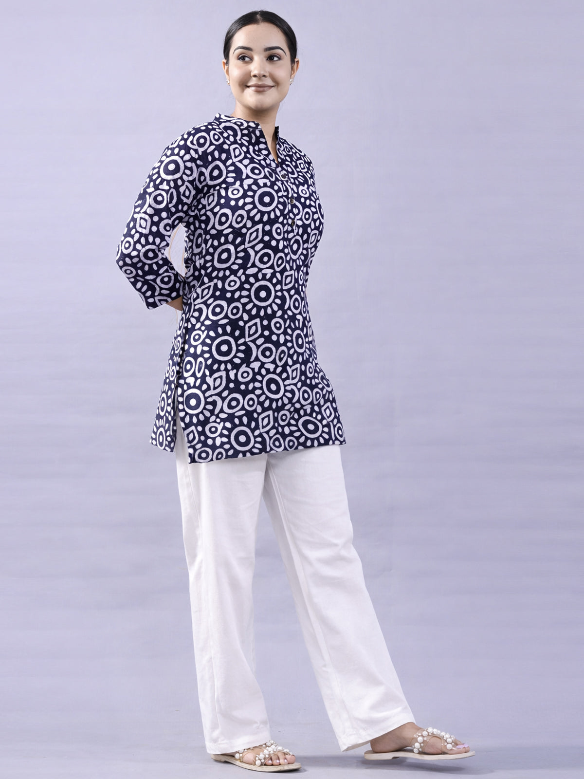 NavyBlue Cotton Block Print Short Kurti