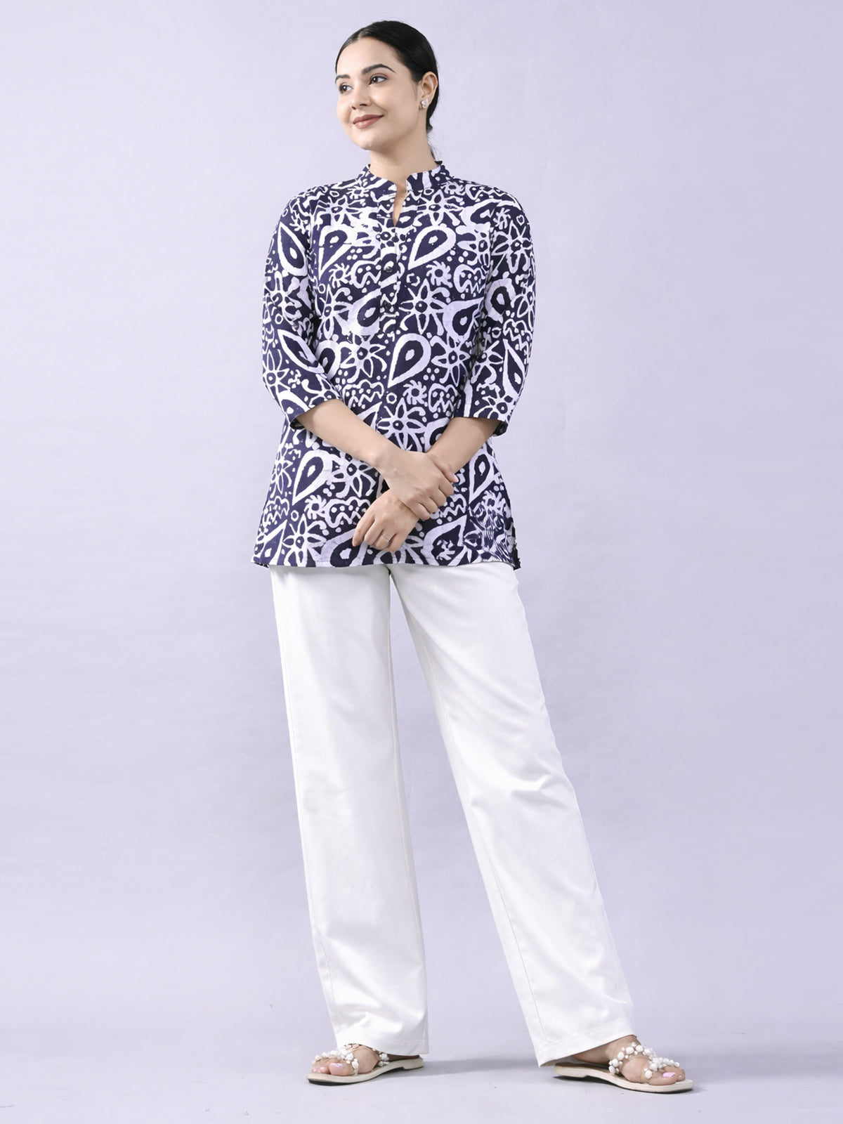 NavyBlue Cotton Block Print Short Kurti