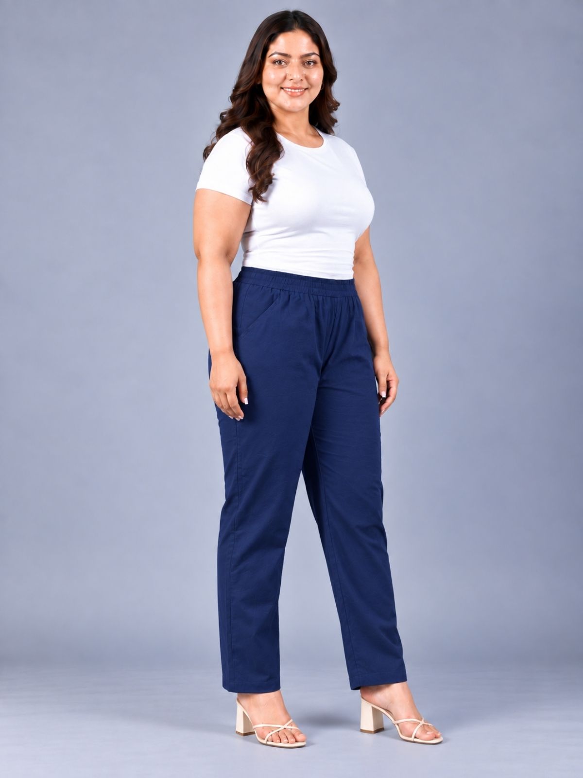 Navy Blue Regular Fit Elastic Plus Sizes Cotton Trouser