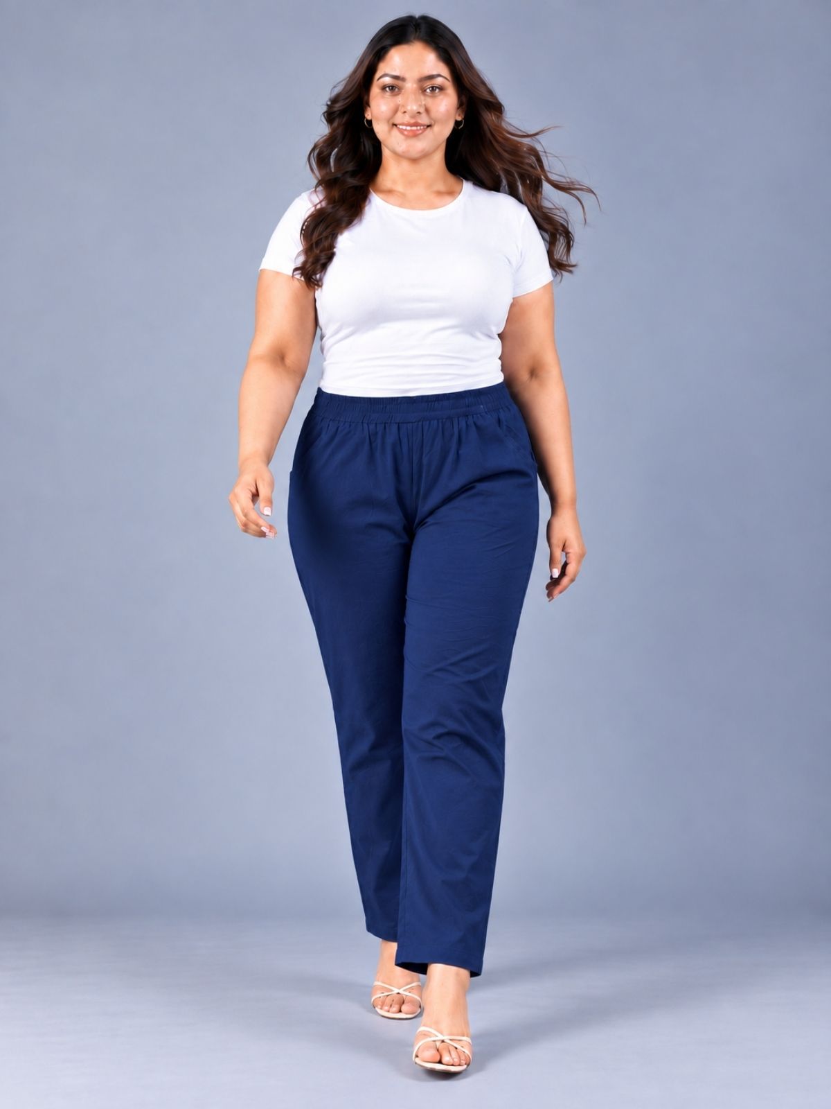 Navy Blue Regular Fit Elastic Plus Sizes Cotton Trouser