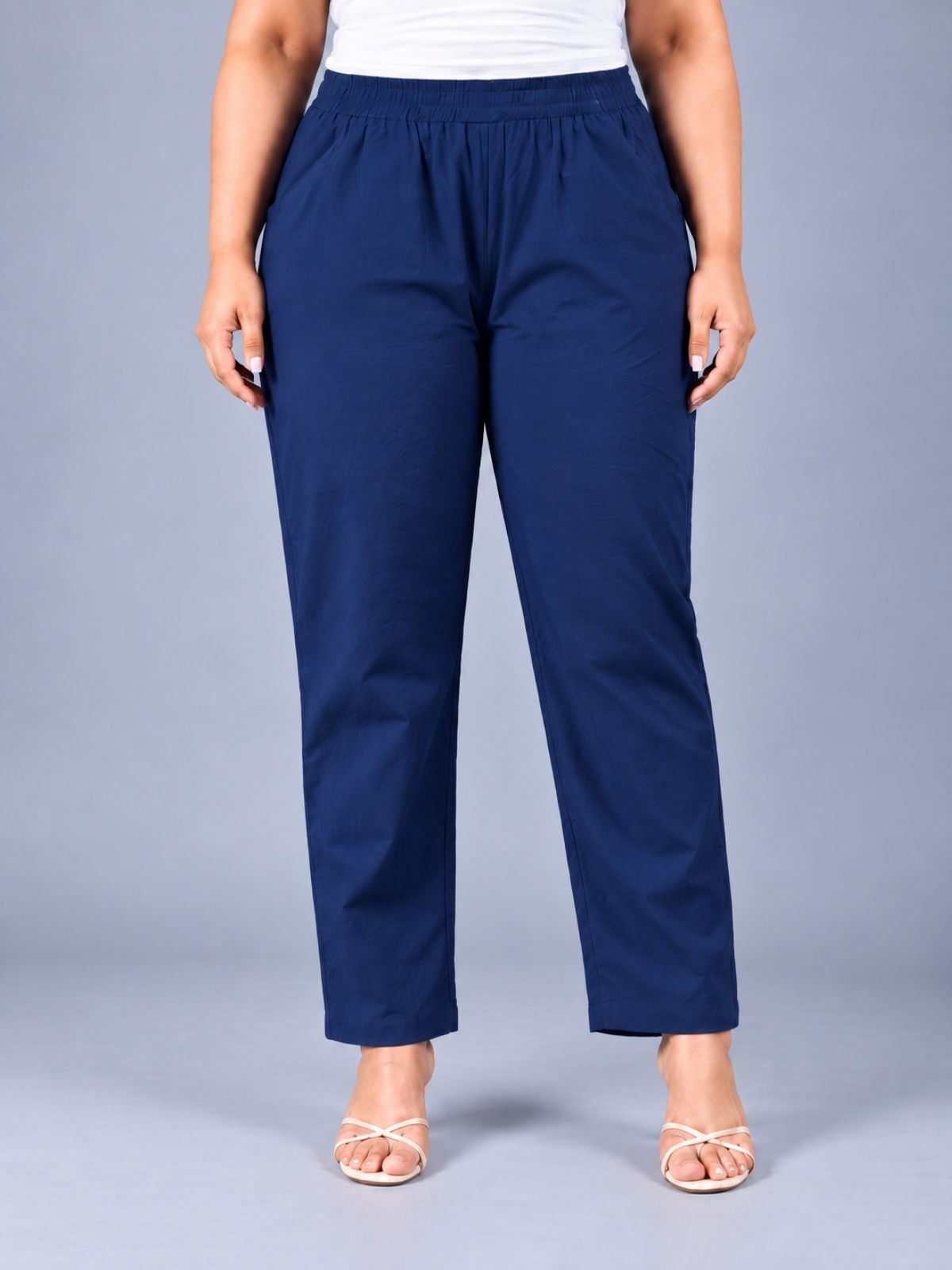 Navy Blue Regular Fit Elastic Plus Sizes Cotton Trouser