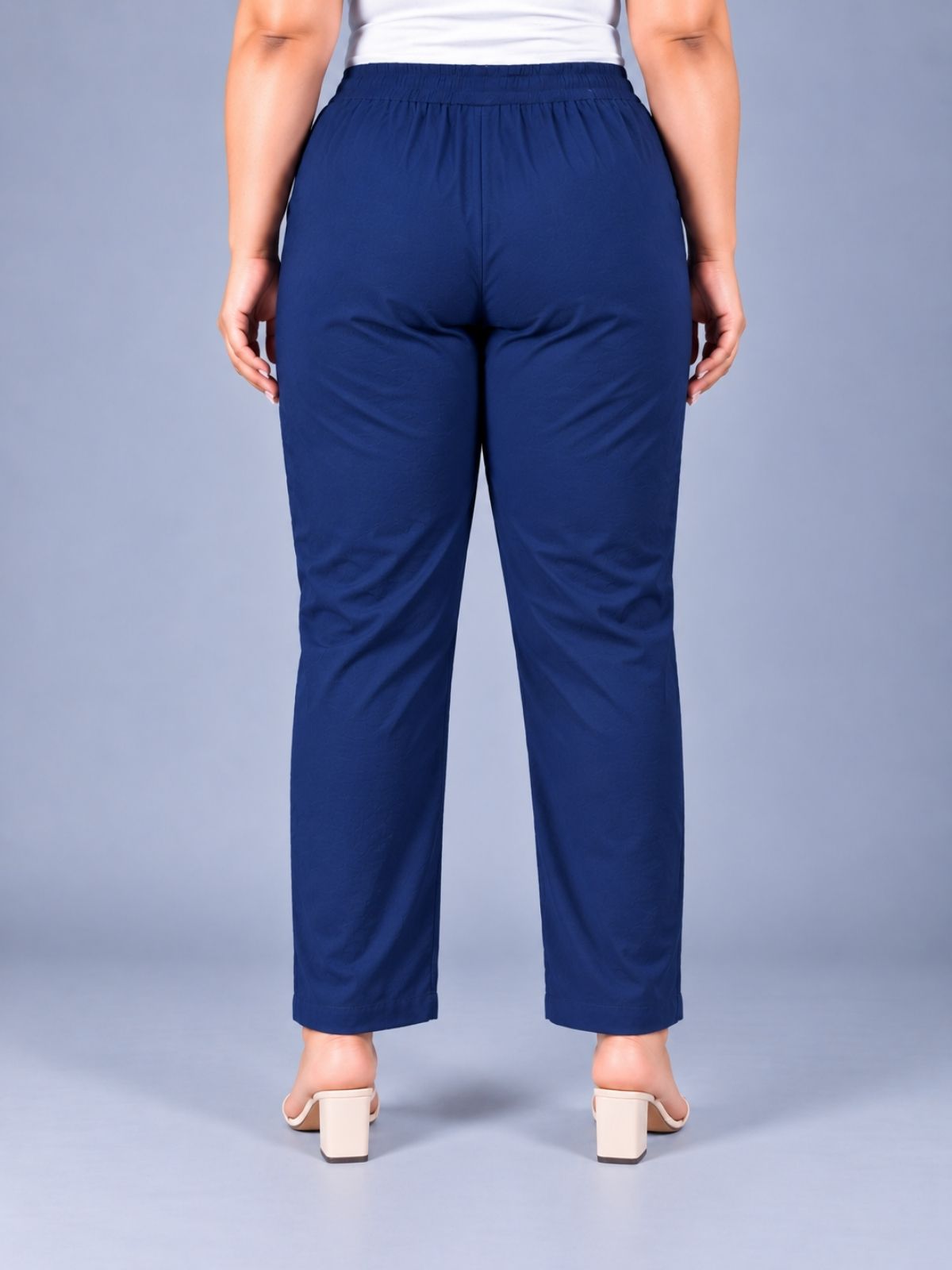 Navy Blue Regular Fit Elastic Plus Sizes Cotton Trouser