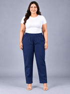 Navy Blue Regular Fit Elastic Plus Sizes Cotton Trouser