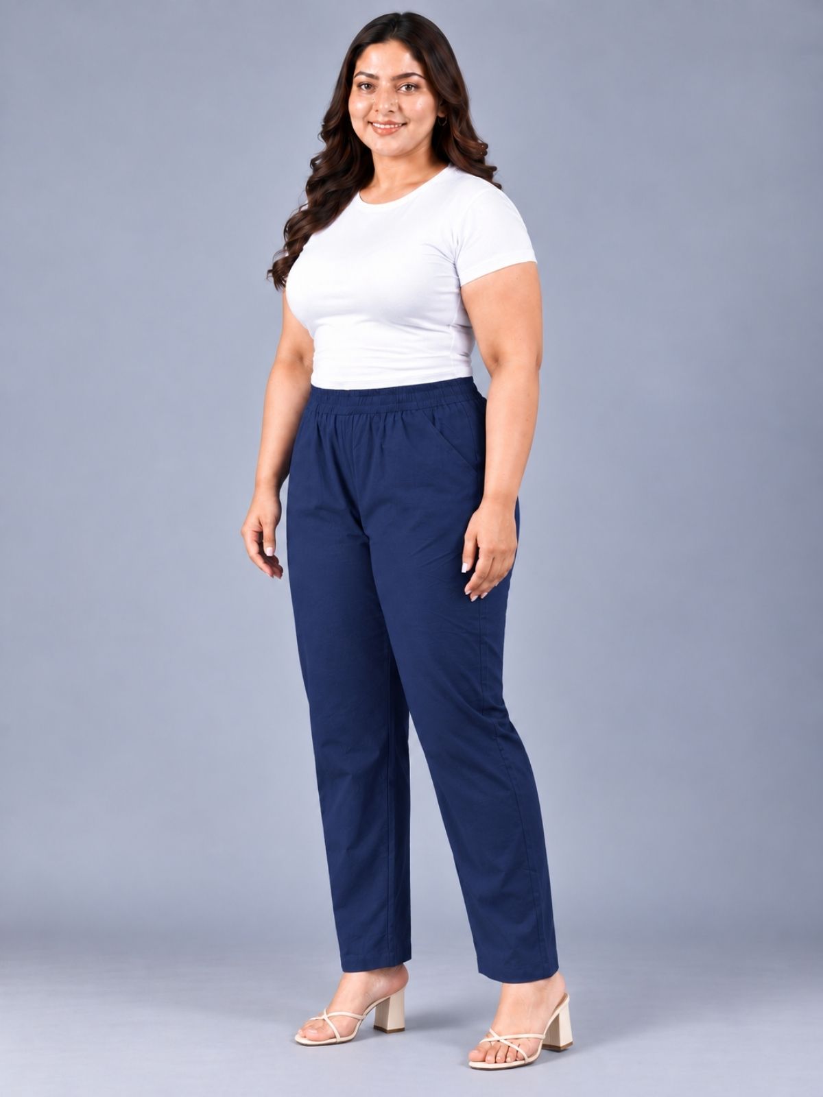 Navy Blue Regular Fit Elastic Plus Sizes Cotton Trouser