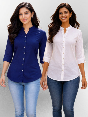 NavyBlue & White Viscose Regular Fit Shirts Combo