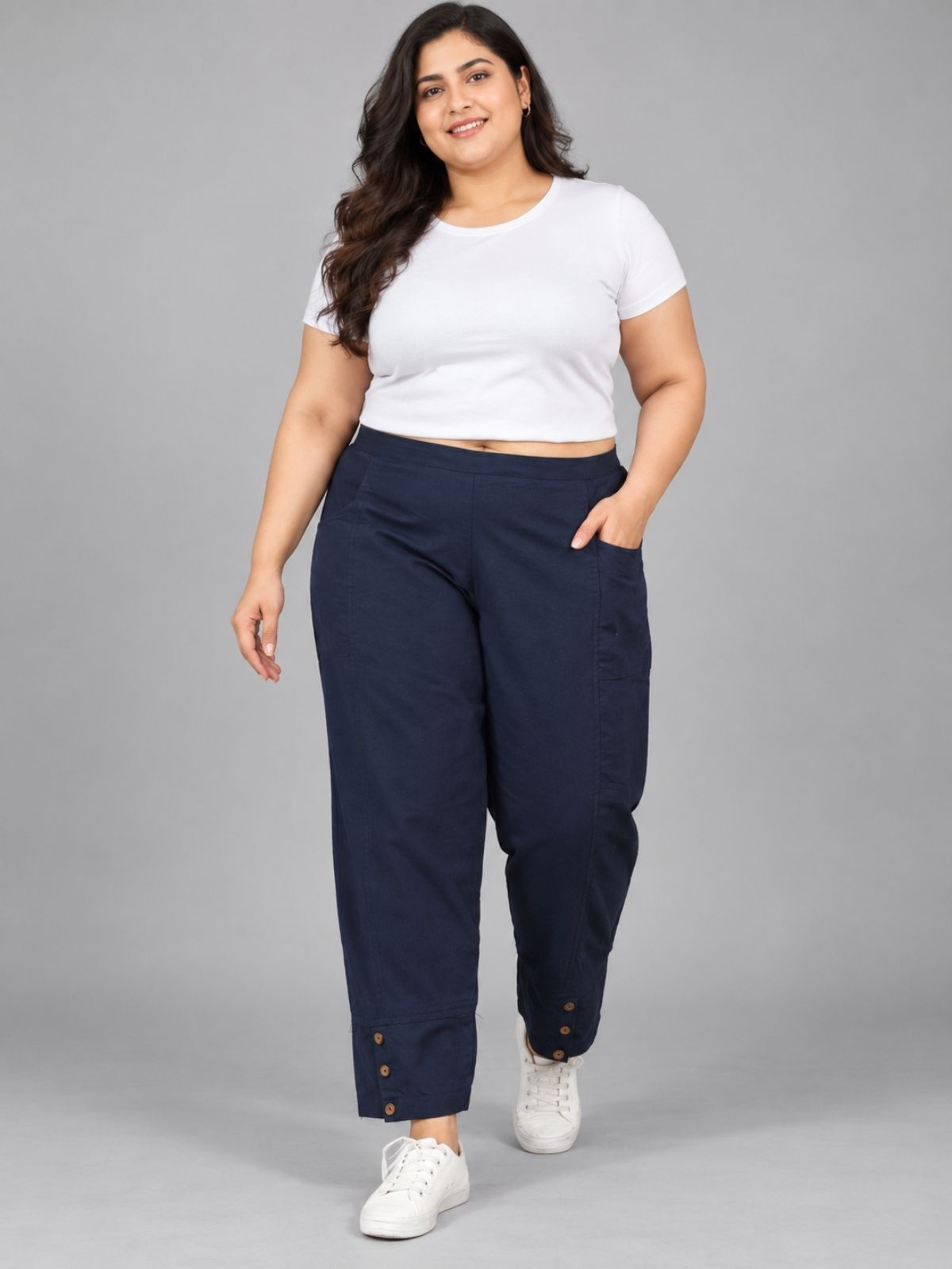 Navy Blue Cotton Straight Cargo Pant