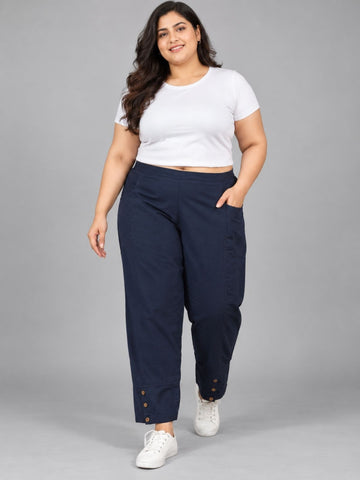 Navy Blue Cotton Straight Cargo Pant