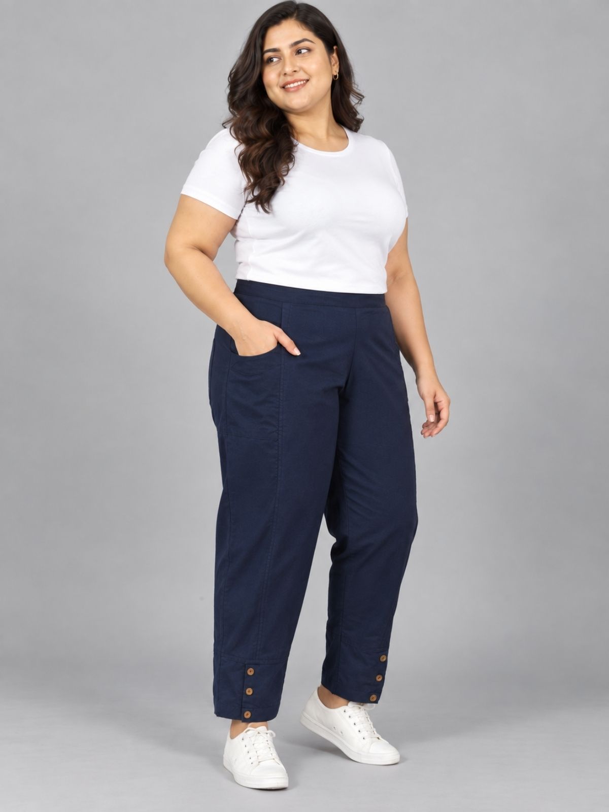 Navy Blue Cotton Straight Cargo Pant