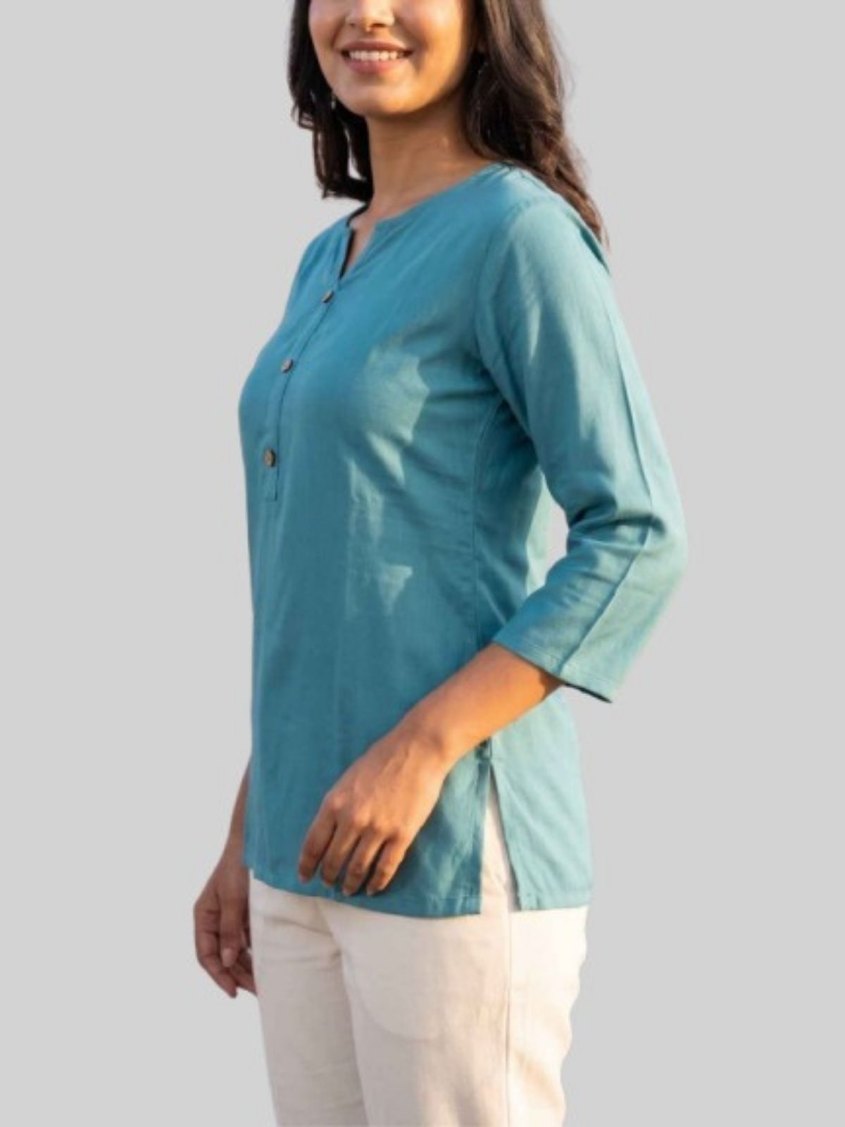 Women Light Grey & TealBlue Rayon Short Kurti