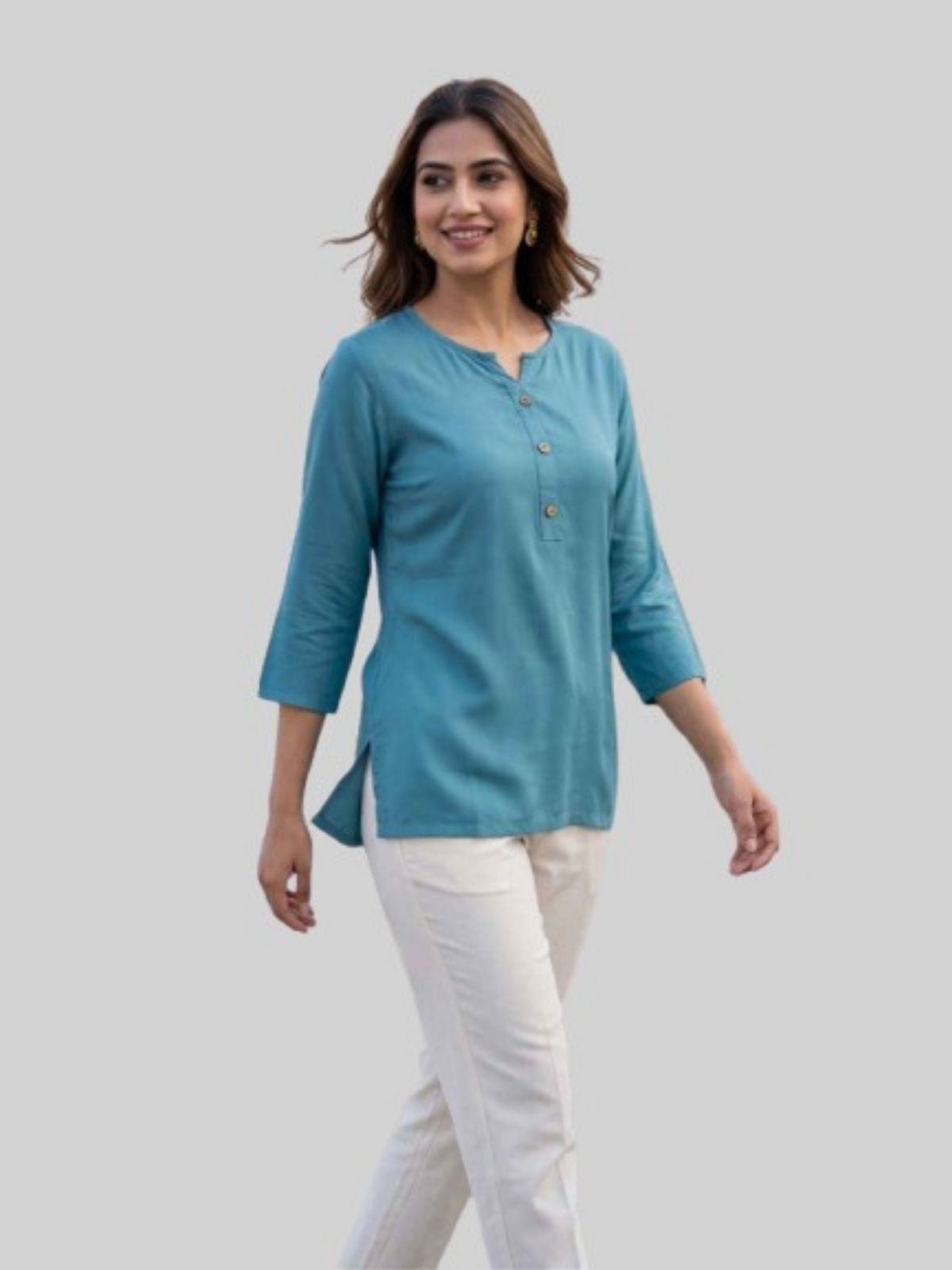Women Coffee & Light Grey Rayon Short Kurti