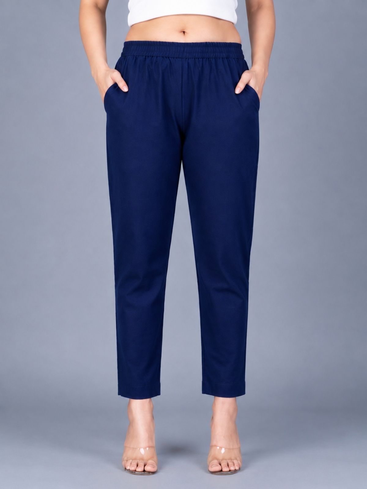 Beige & Navyblue Regular Fit Elastic Cotton Trouser Combo