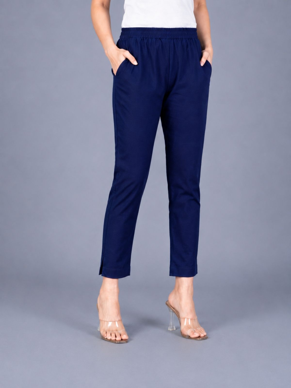 Melange & Navyblue Regular Fit Elastic Cotton Trouser Combo