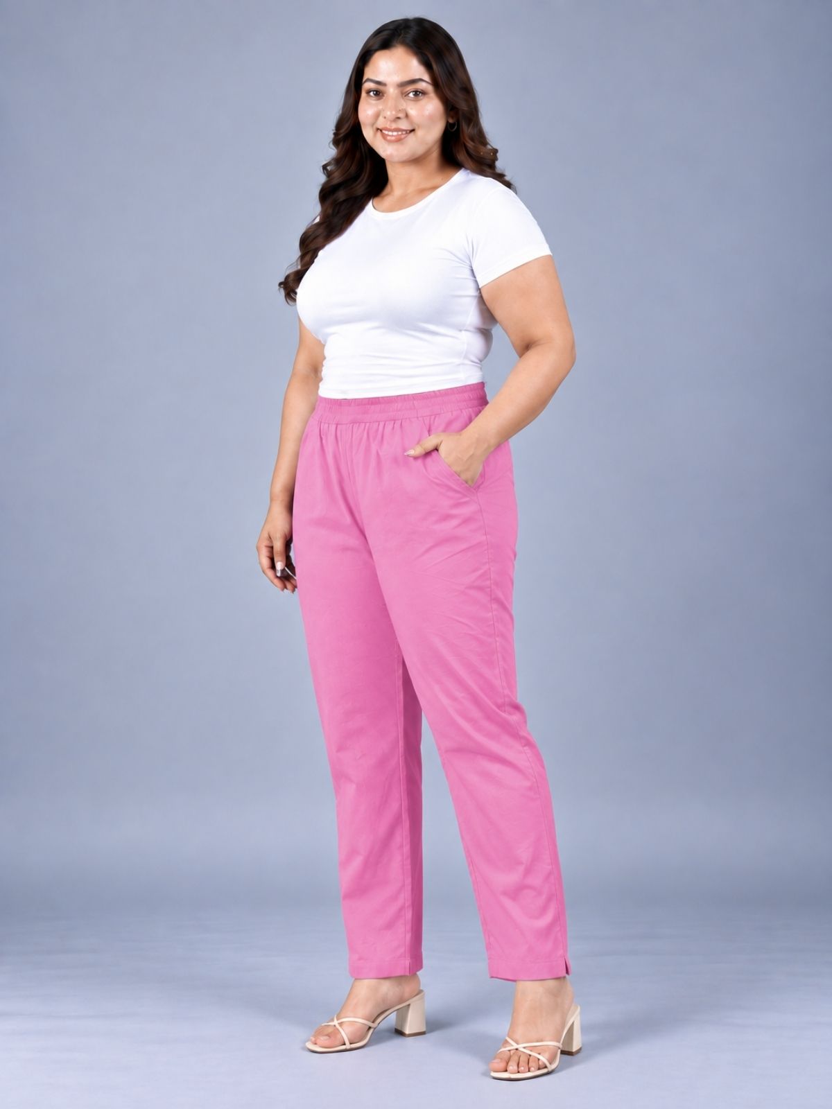 Pink Regular Fit Elastic Plus Sizes Cotton Trouser
