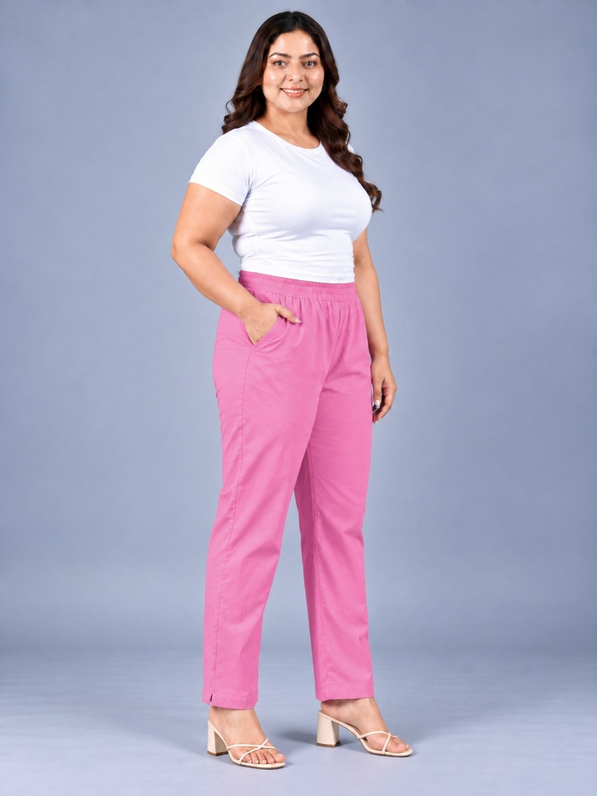 Pink Regular Fit Elastic Plus Sizes Cotton Trouser