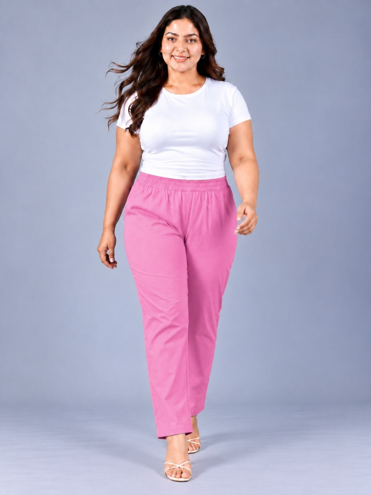 Pink Regular Fit Elastic Plus Sizes Cotton Trouser