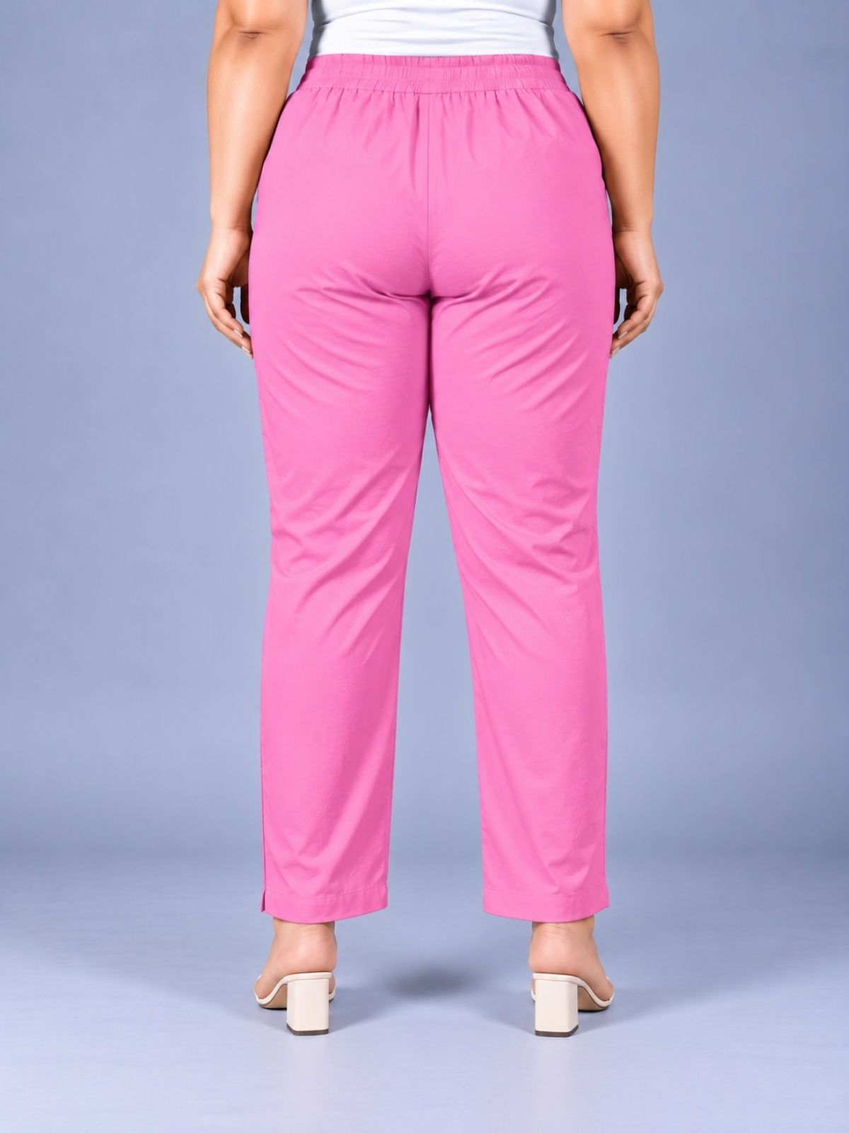 Pink Regular Fit Elastic Plus Sizes Cotton Trouser