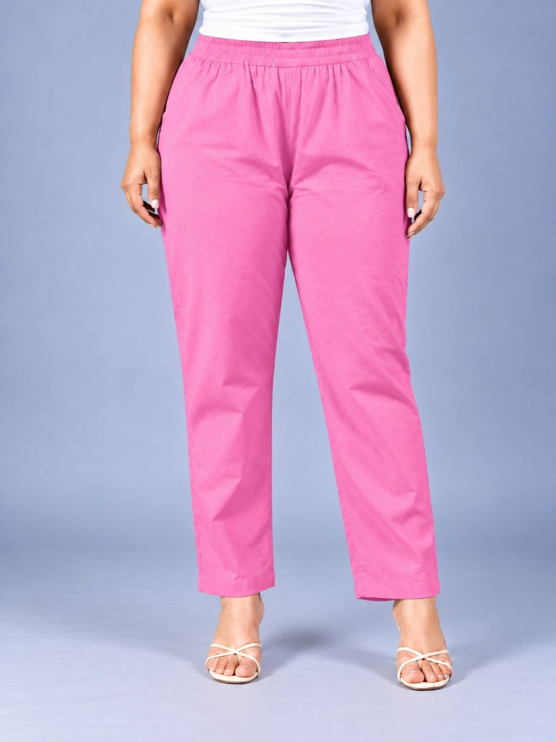 Pink Regular Fit Elastic Plus Sizes Cotton Trouser