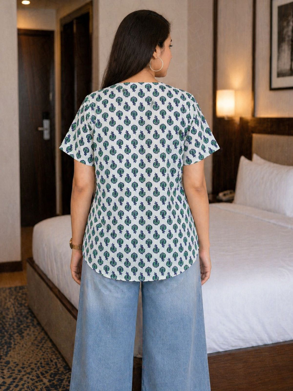 Jaipuri Green Butti Printed Cotton Top-01