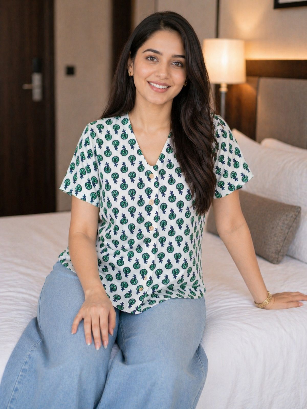 Jaipuri Green Butti Printed Cotton Top-01
