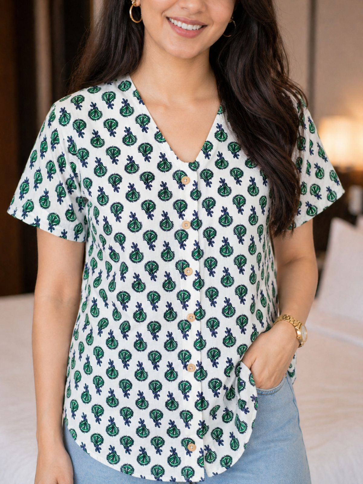 Jaipuri Green Butti Printed Cotton Top-01