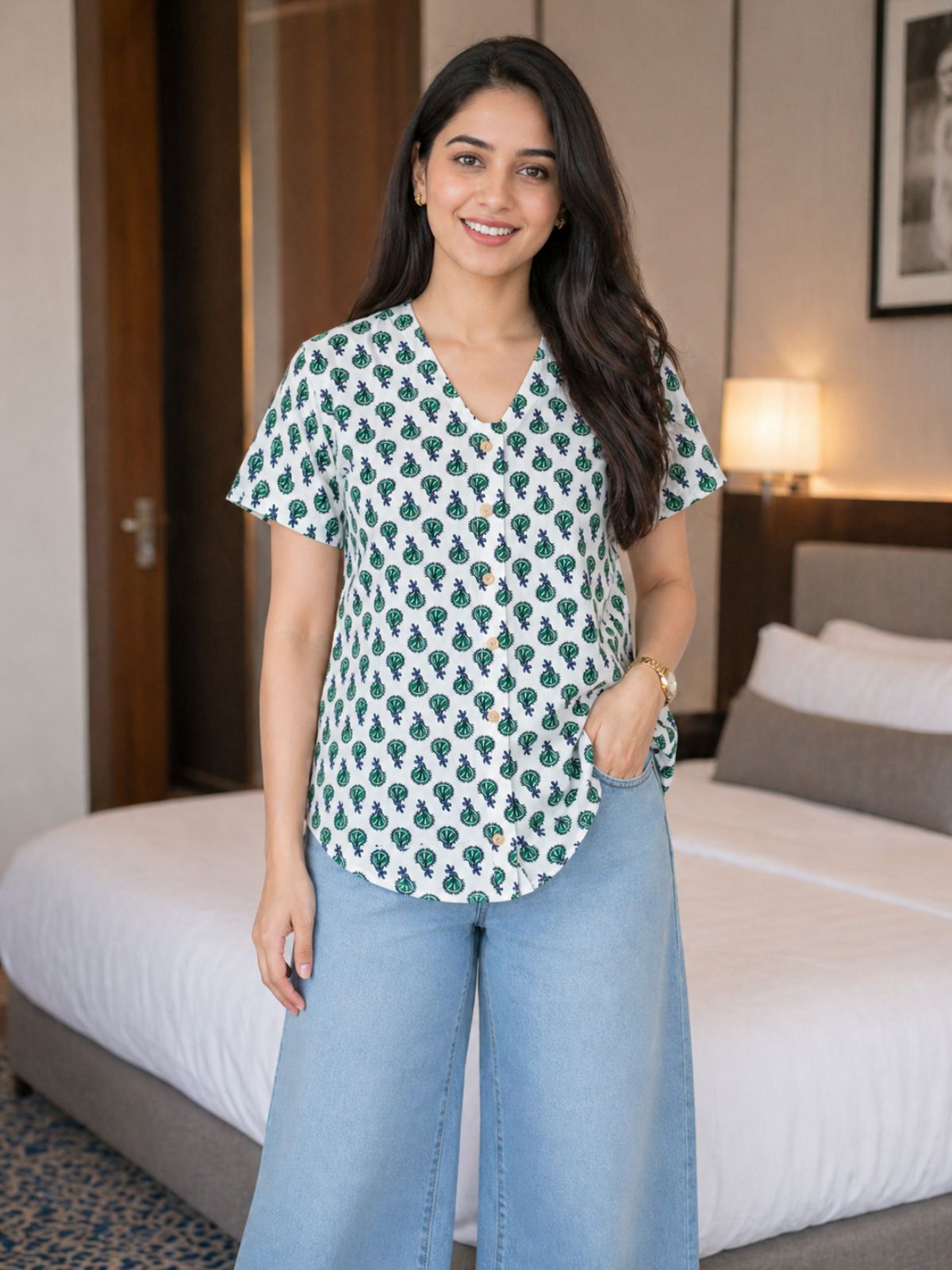 Jaipuri Green Butti Printed Cotton Top-01