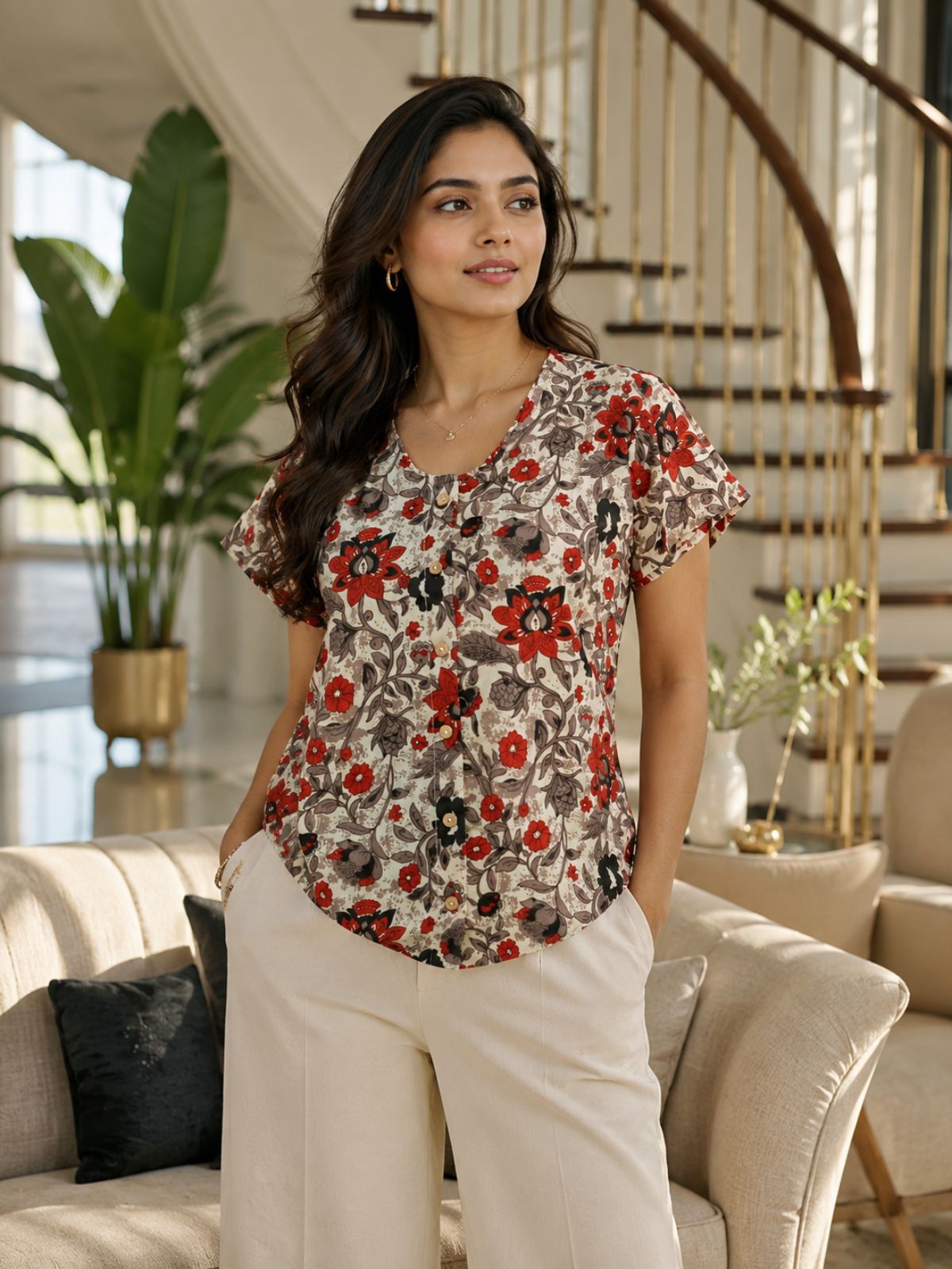 Jaipuri OffWhite Printed Cotton Top-012