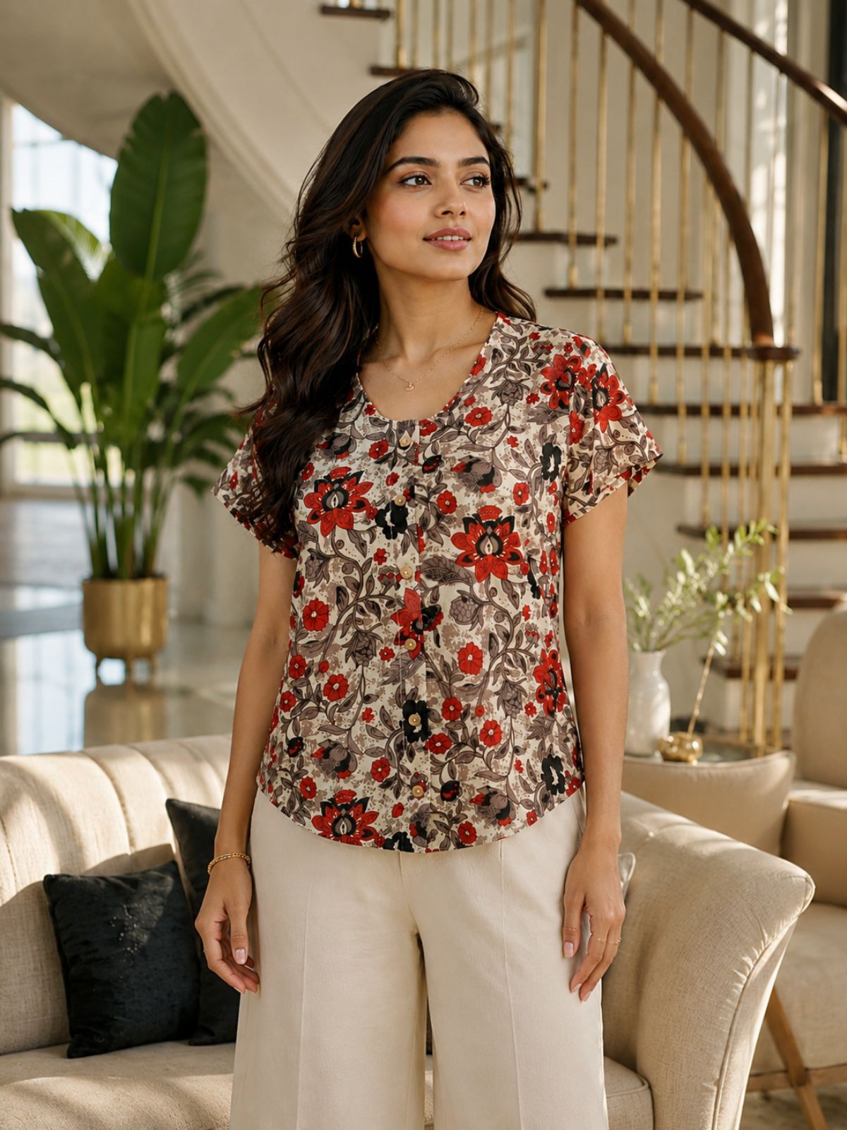 Jaipuri OffWhite Printed Cotton Top-012