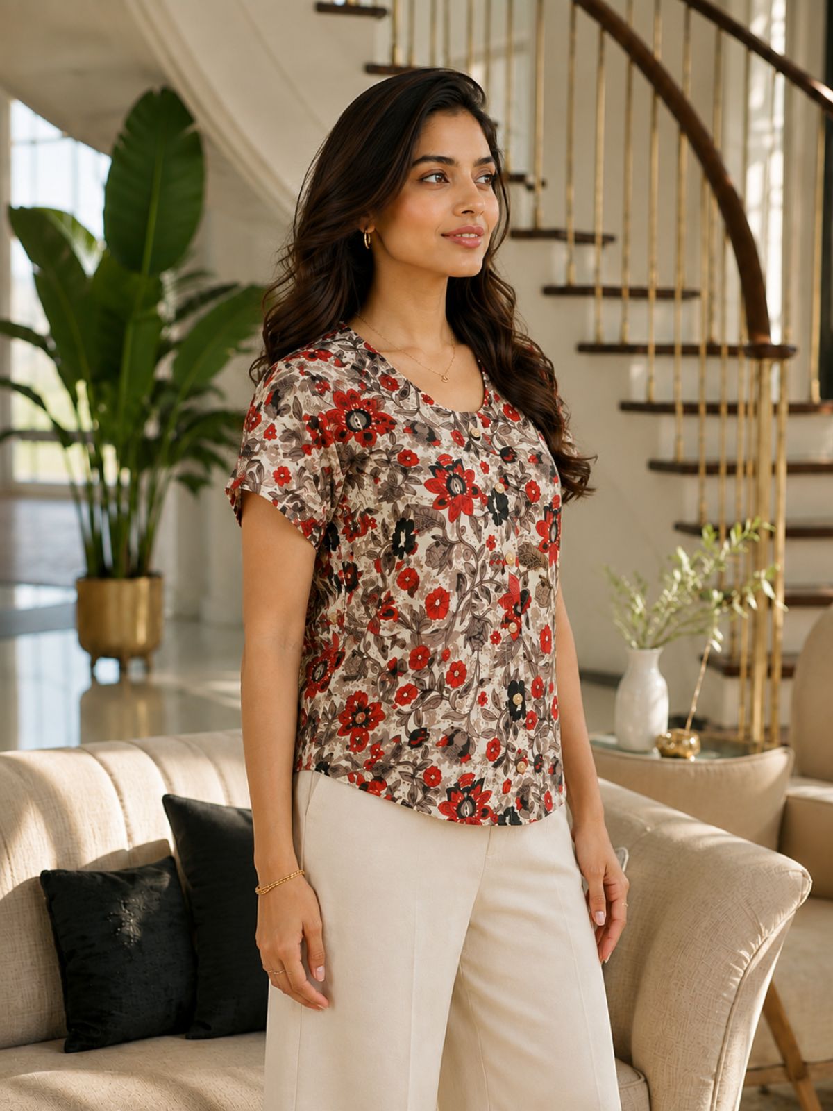 Jaipuri OffWhite Printed Cotton Top-012