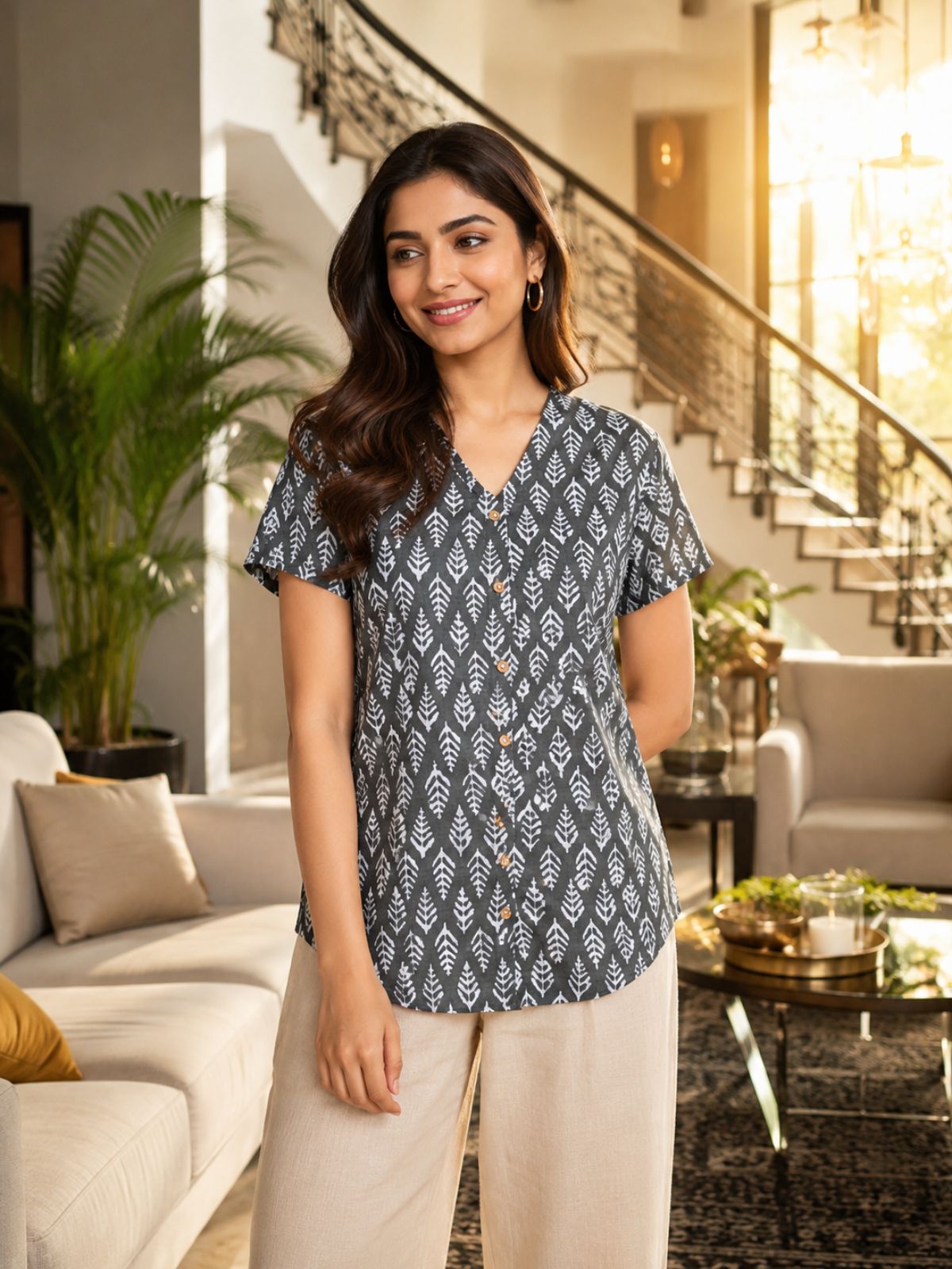 Jaipuri Dark Grey Printed Cotton Top-015