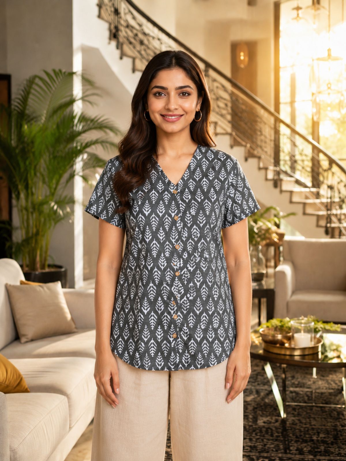 Jaipuri Dark Grey Printed Cotton Top-015