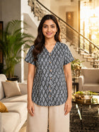 Jaipuri Dark Grey Printed Cotton Top-015