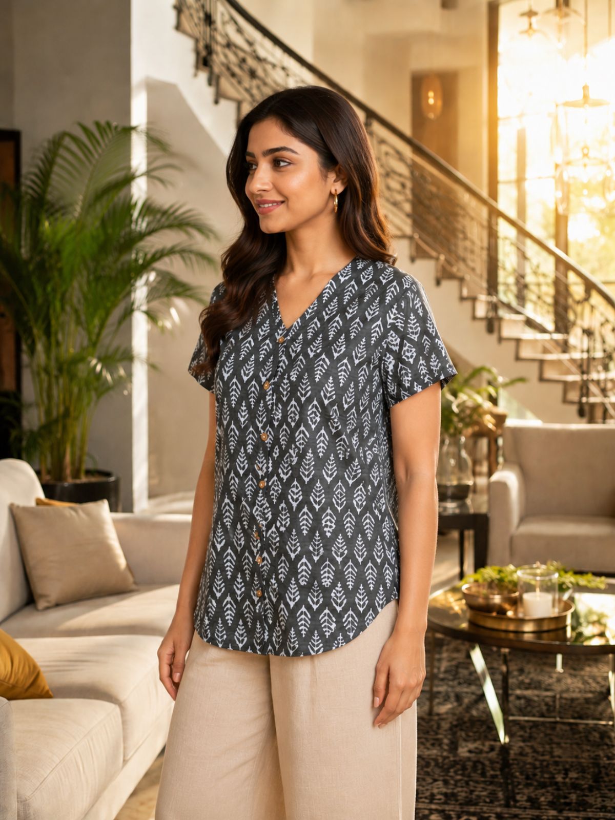 Jaipuri Dark Grey Printed Cotton Top-015