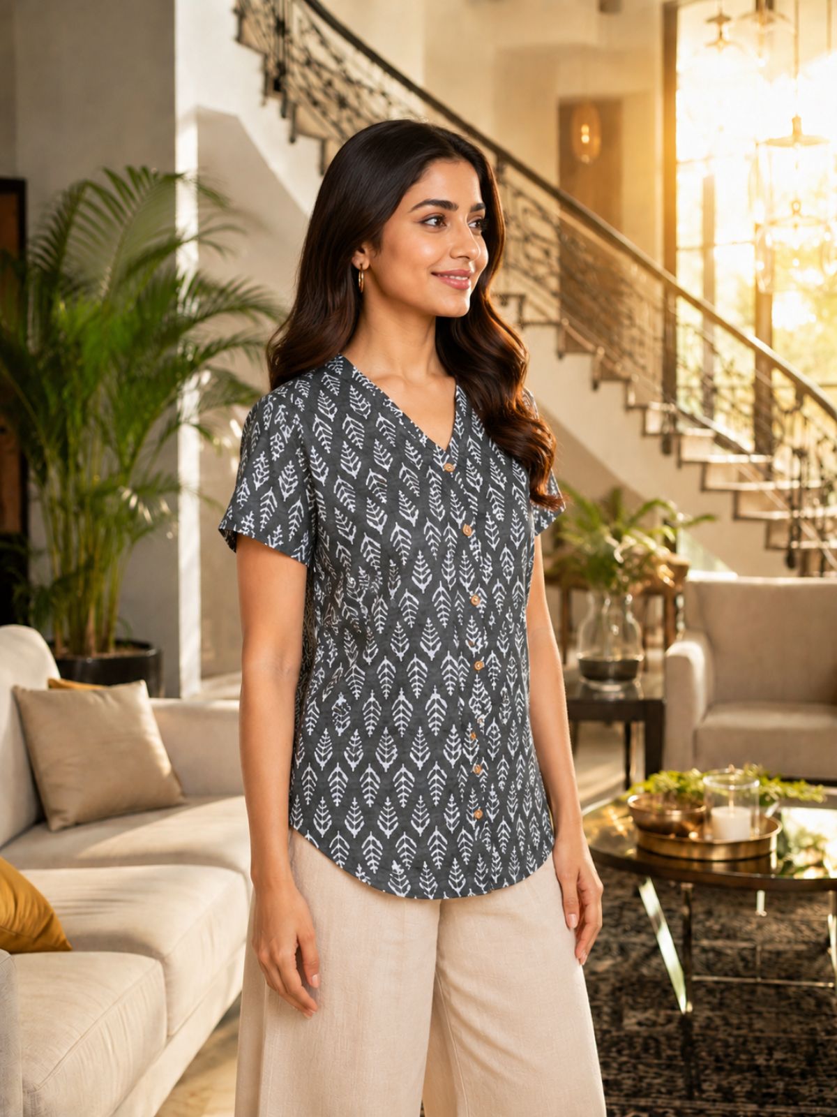 Jaipuri Dark Grey Printed Cotton Top-015