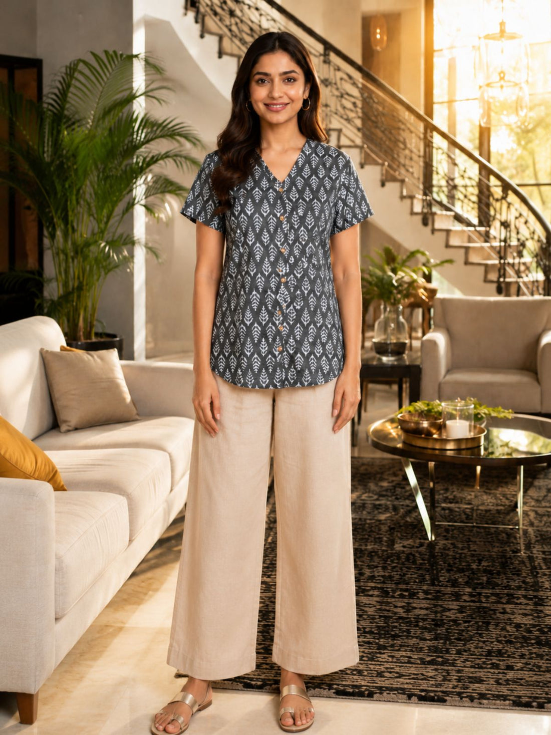 Jaipuri Dark Grey Printed Cotton Top-015