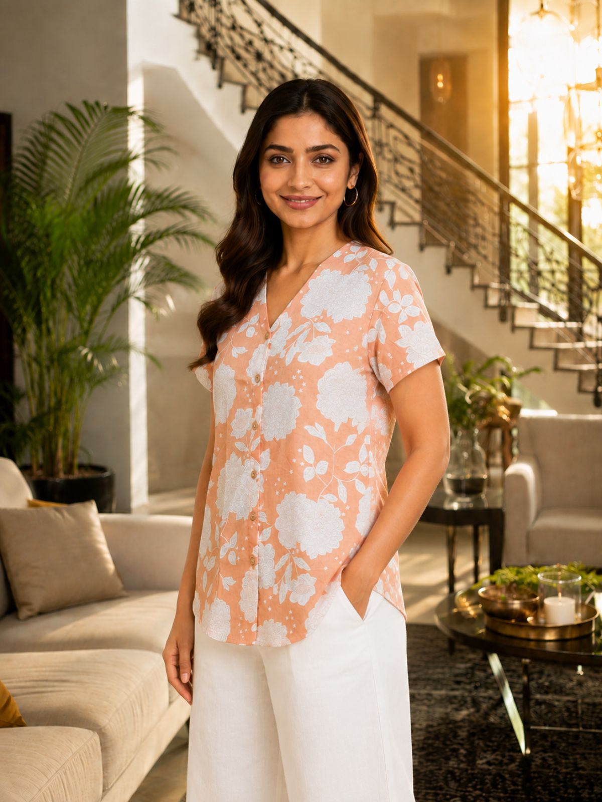 Jaipuri Peach Printed Cotton Top-018