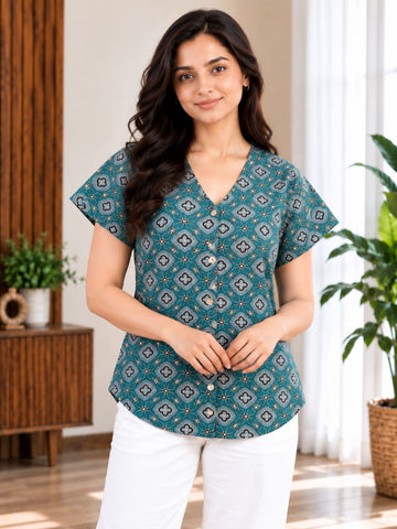 Jaipuri Blue Printed Cotton Top-020