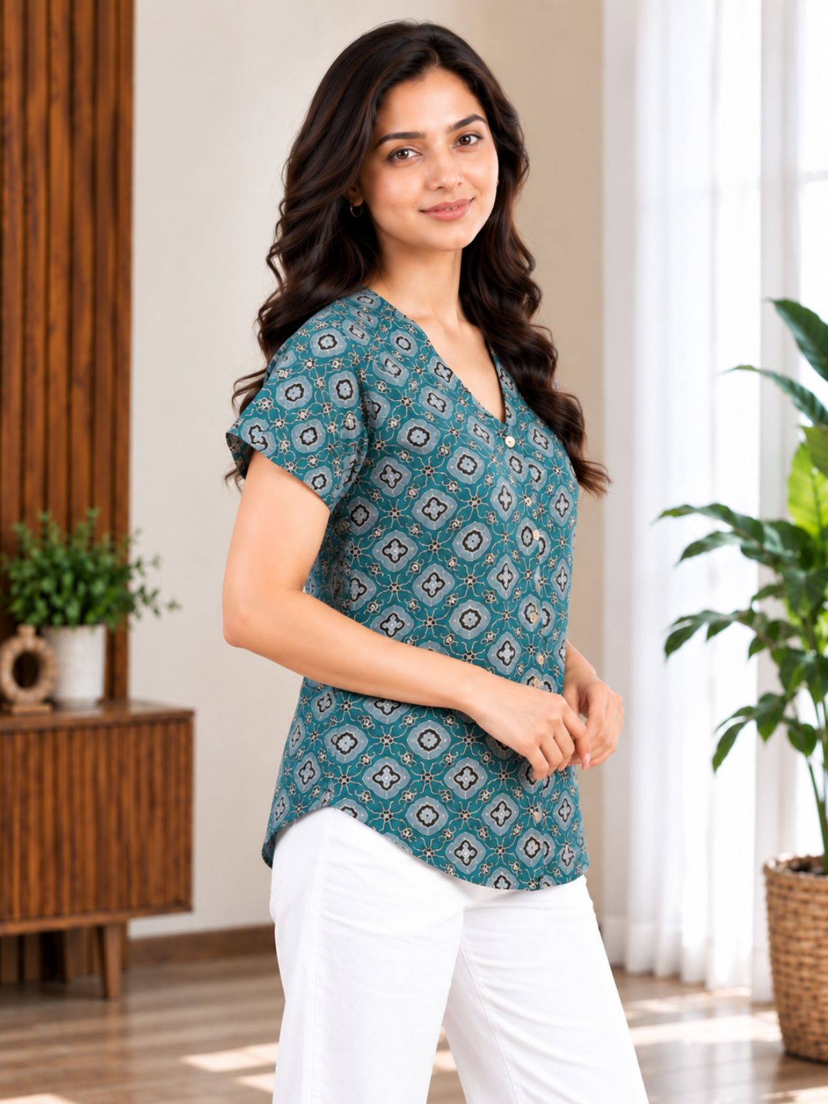 Jaipuri Blue Printed Cotton Top-020