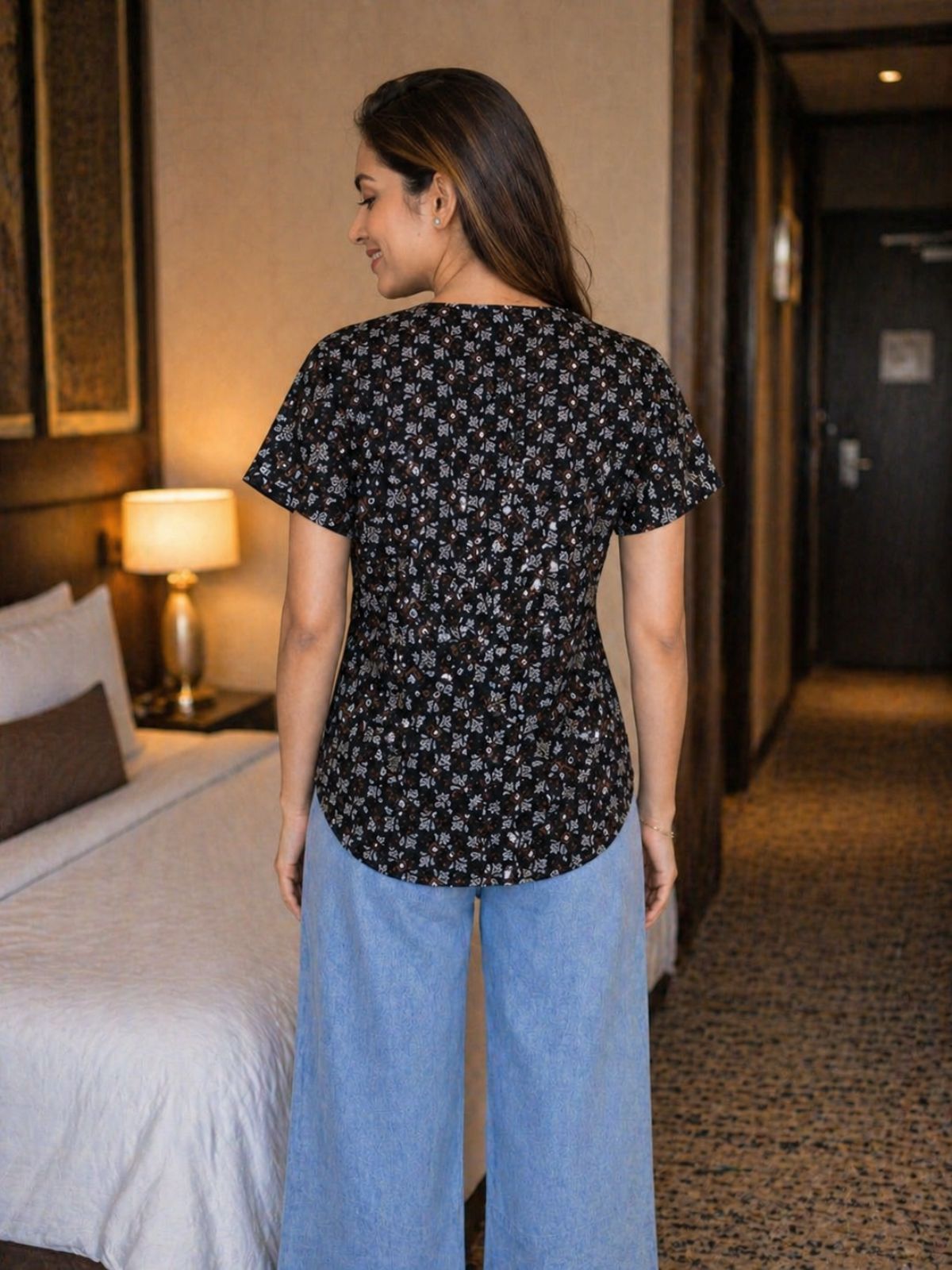 Jaipuri Dark Brown Printed Cotton Top-03