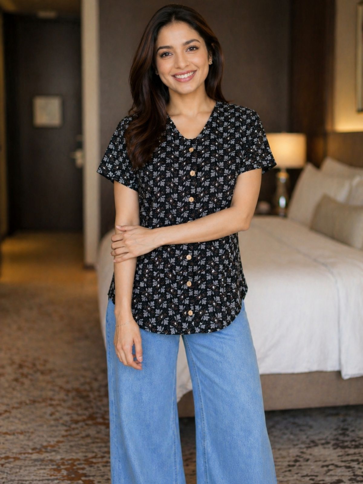 Jaipuri Dark Brown Printed Cotton Top-03