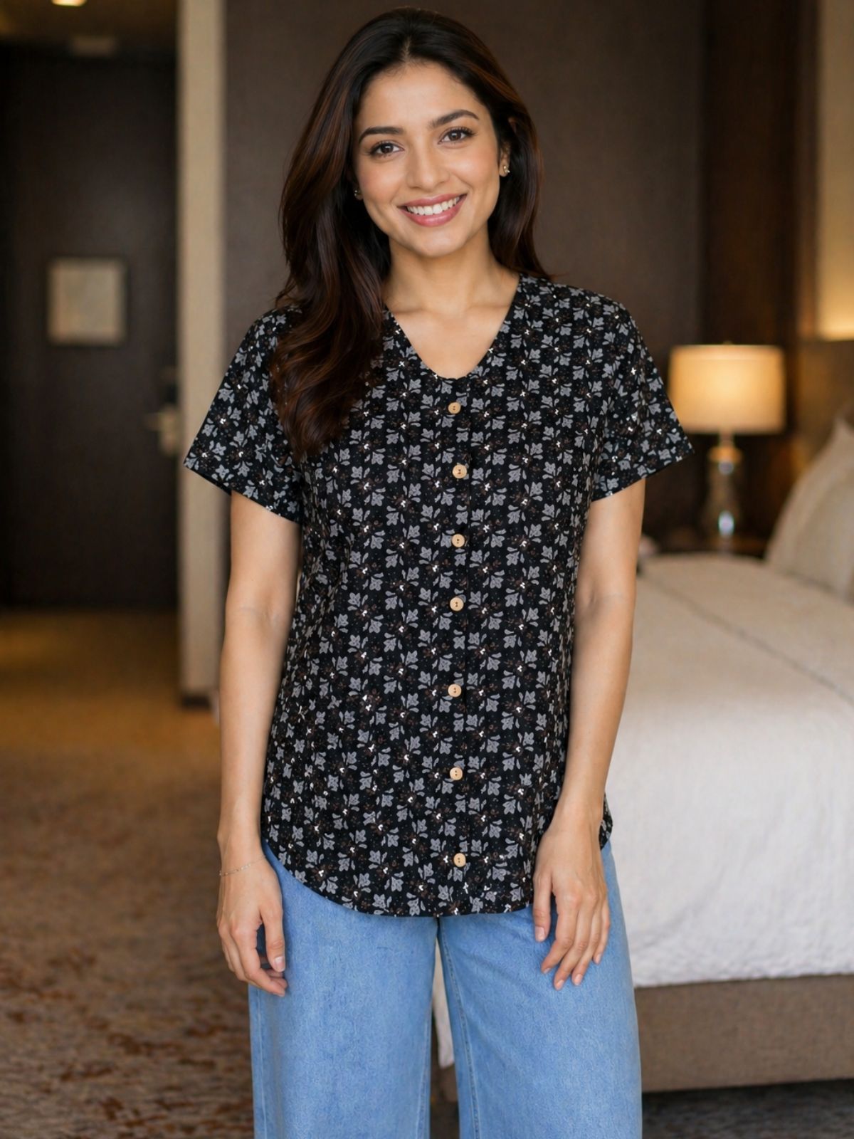 Jaipuri Dark Brown Printed Cotton Top-03