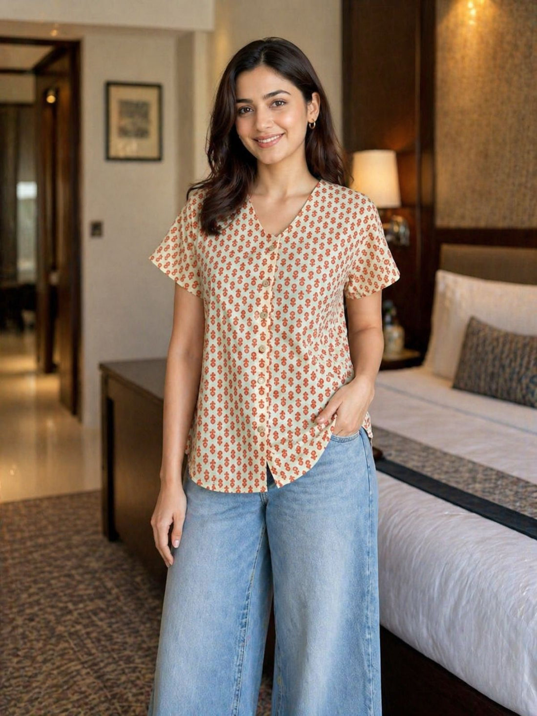 Jaipuri Orange Printed Cotton Top-07