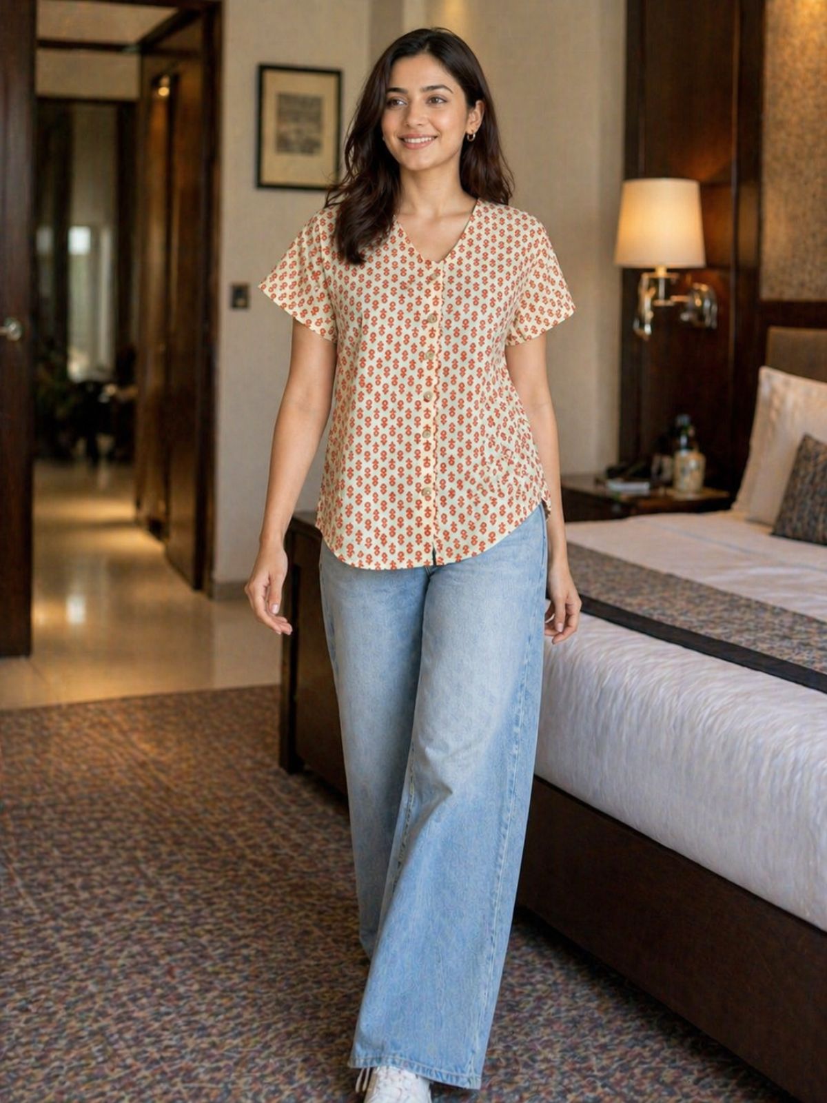 Jaipuri Orange Printed Cotton Top-07