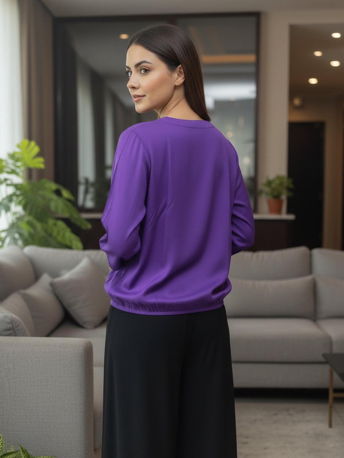 Purple Viscose Elastic Waist Tops