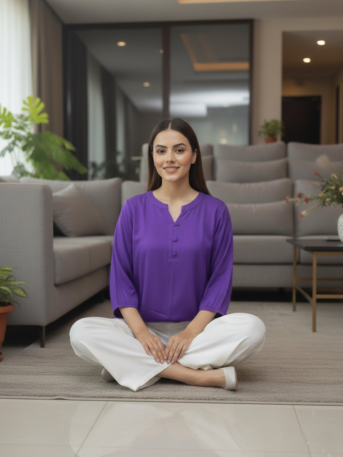 Purple Viscose Elastic Waist Tops