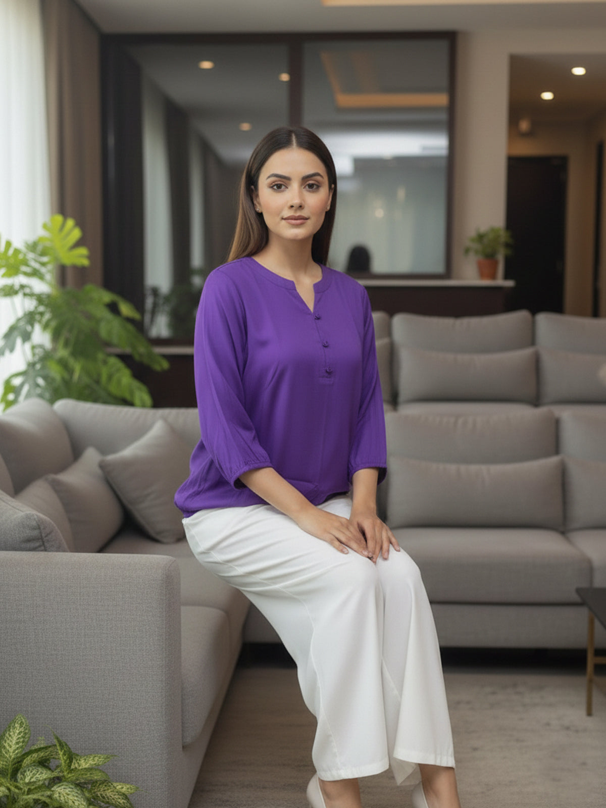 Purple Viscose Elastic Waist Tops