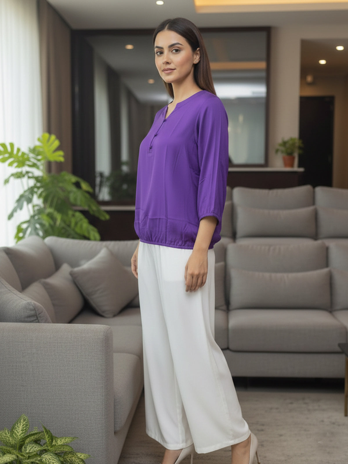 Purple Viscose Elastic Waist Tops