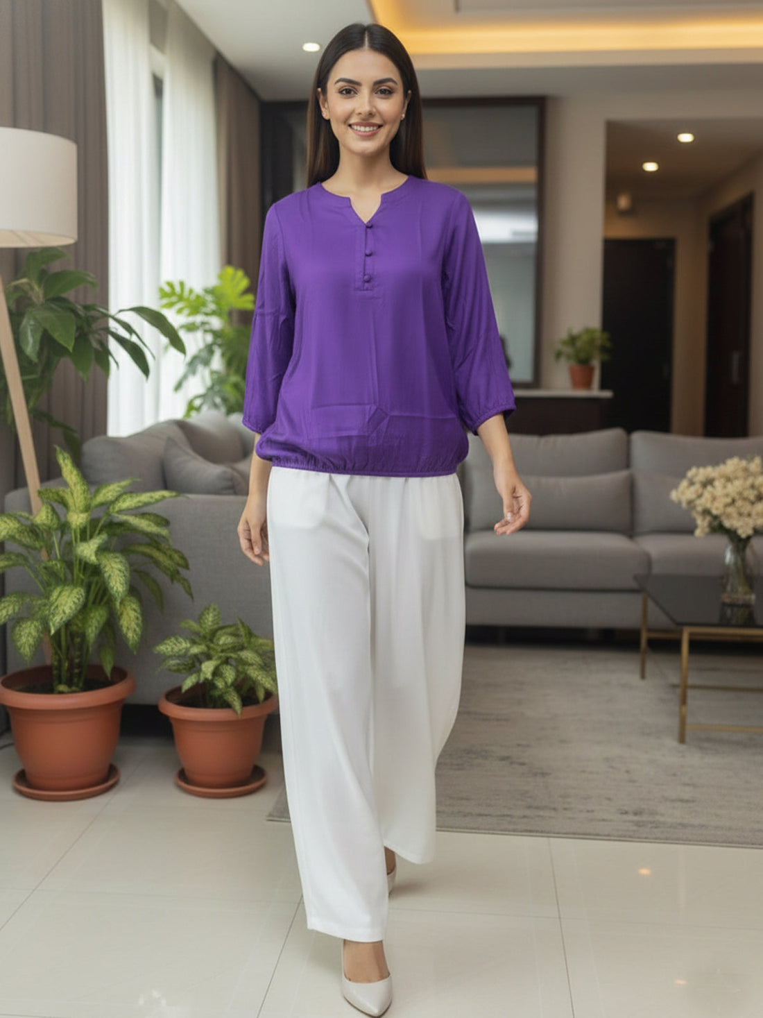 Pack Of 2 Purple and Cream Viscose Waist-Fit Tops