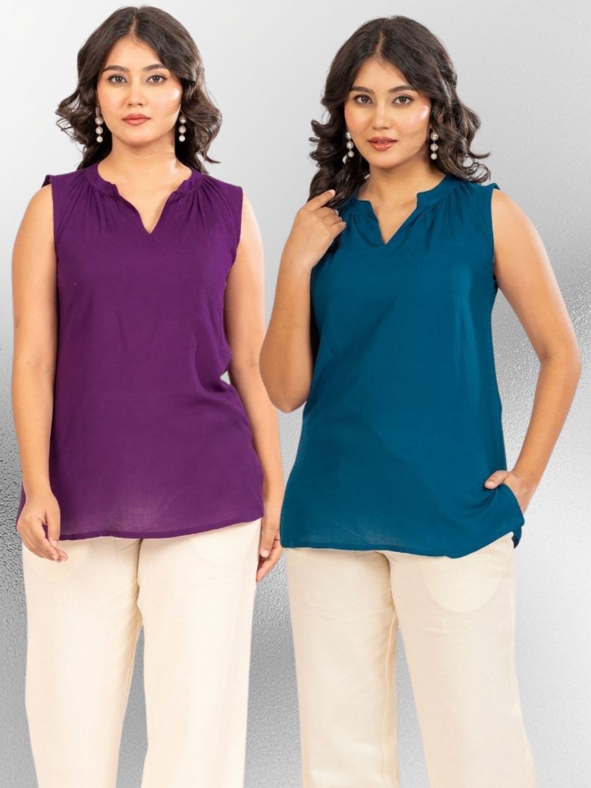 Purple & TealBlue Viscose Gathered Neckline Tops Combo
