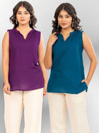 Purple & TealBlue Viscose Gathered Neckline Tops Combo