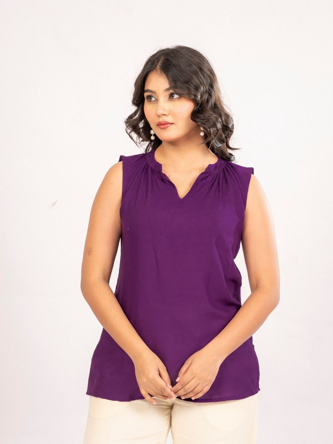 Purple Viscose Gathered Neckline Tops